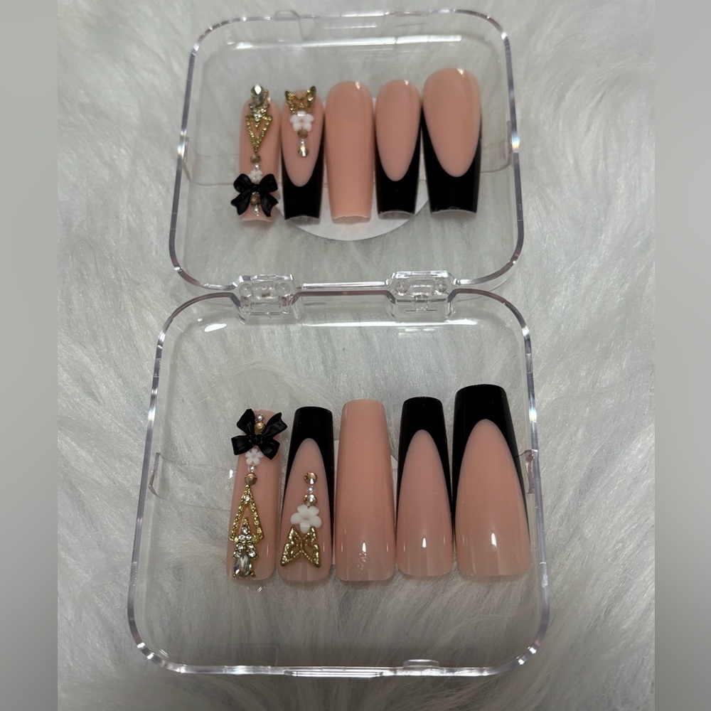 Chic Nude and Black Press-On Nails with Embellishments